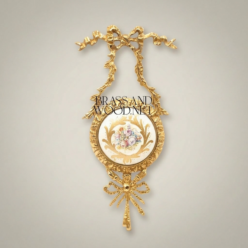 Louis XVI Brass Wall Medallion Frame with Hand-Painted Porcelain Insert and Ribbon Bow Cresting — Gold