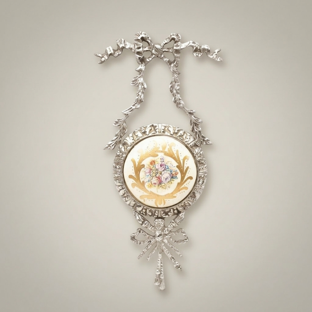 Louis XVI Brass Wall Medallion Frame with Hand-Painted Porcelain Insert and Ribbon Bow Cresting — Silver
