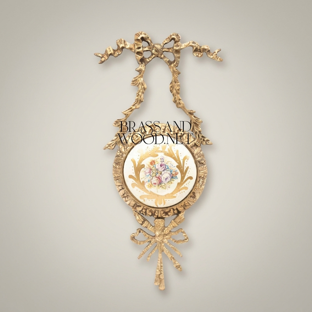 Louis XVI Brass Wall Medallion Frame with Hand-Painted Porcelain Insert and Ribbon Bow Cresting — Antique Gold