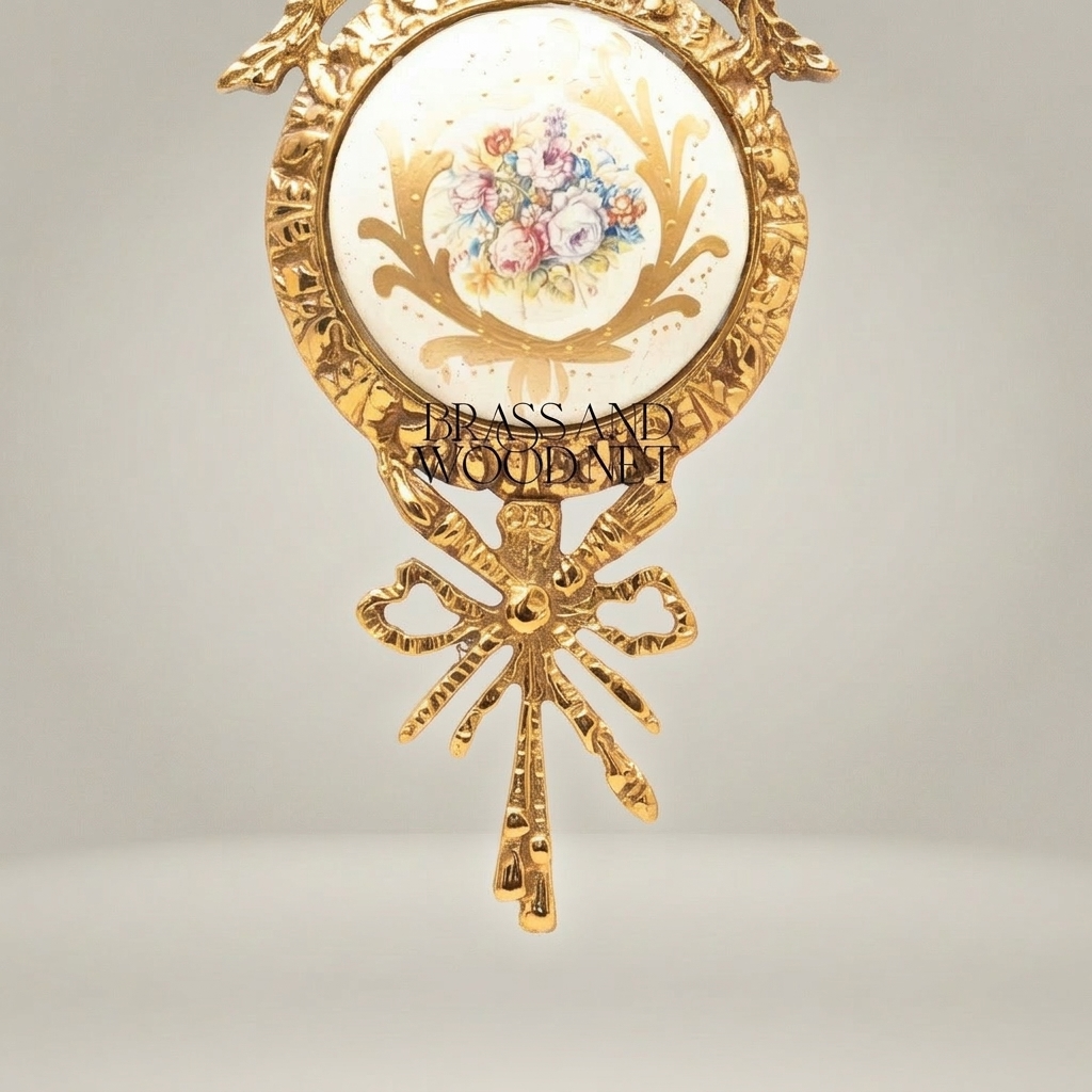 Louis XVI Brass Wall Medallion Frame with Hand-Painted Porcelain Insert and Ribbon Bow Cresting — Gold