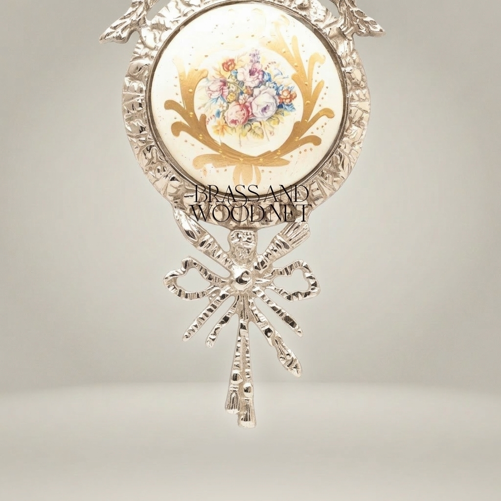 Louis XVI Brass Wall Medallion Frame with Hand-Painted Porcelain Insert and Ribbon Bow Cresting — Silver