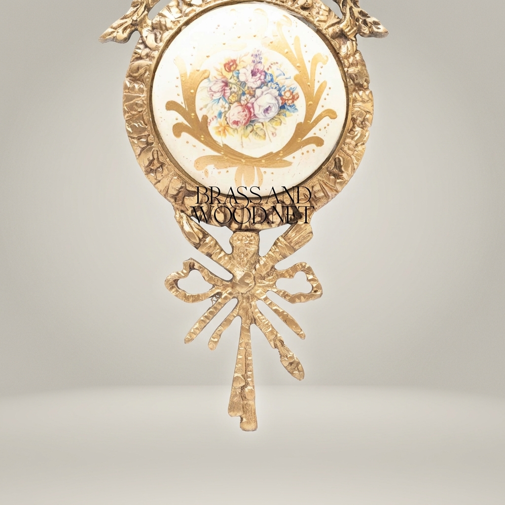 Louis XVI Brass Wall Medallion Frame with Hand-Painted Porcelain Insert and Ribbon Bow Cresting — Antique Gold