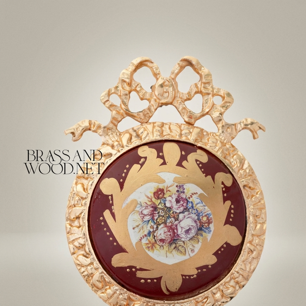 Louis XVI Brass Wall Medallion with Wine Ceramic Centre & Floral Bouquet — Gold