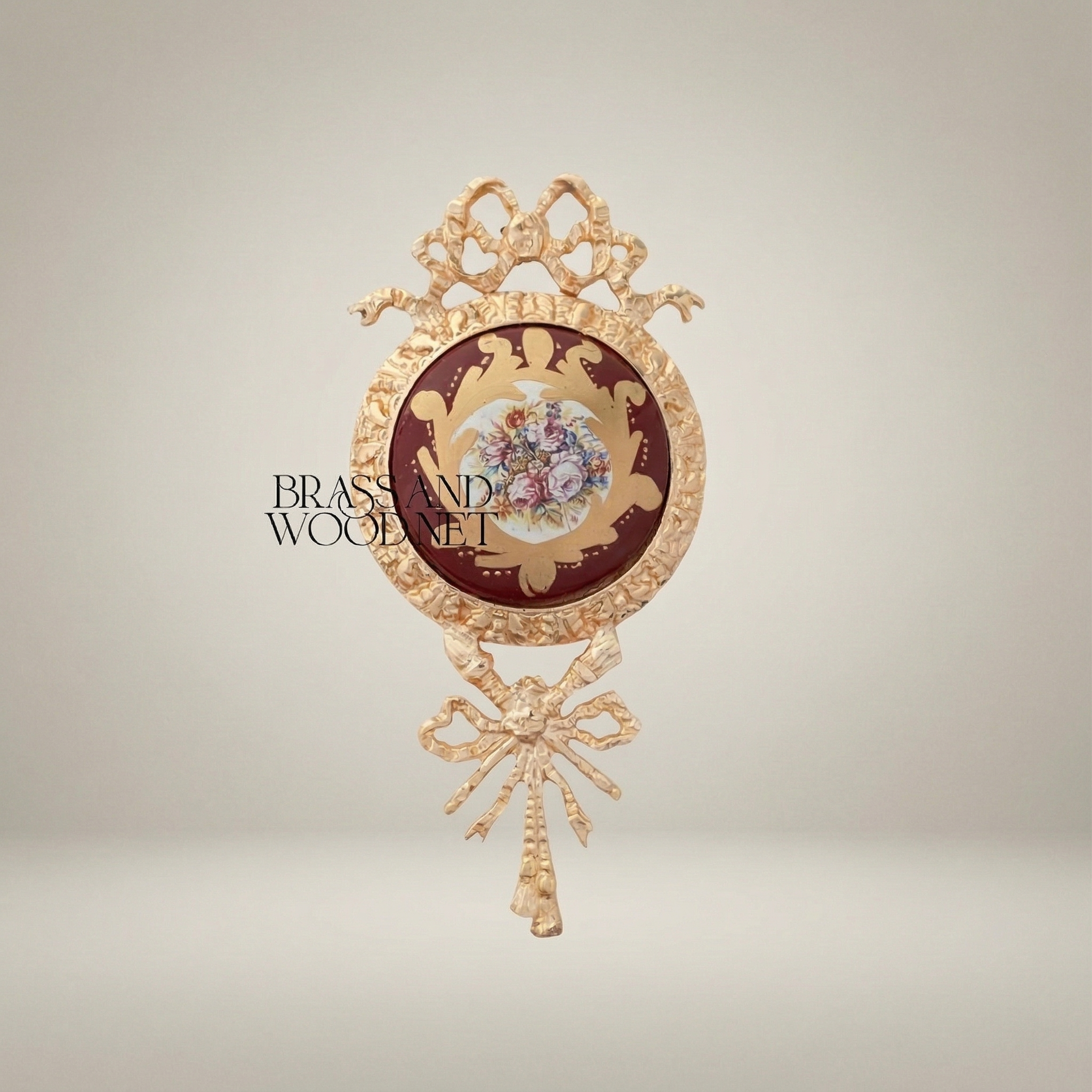 Louis XVI Brass Wall Medallion with Wine Ceramic Centre & Floral Bouquet — Gold