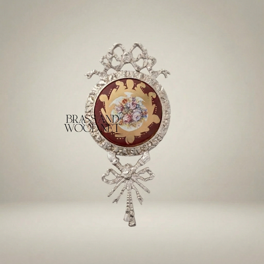 Louis XVI Brass Wall Medallion with Wine Ceramic Centre & Floral Bouquet — Silver