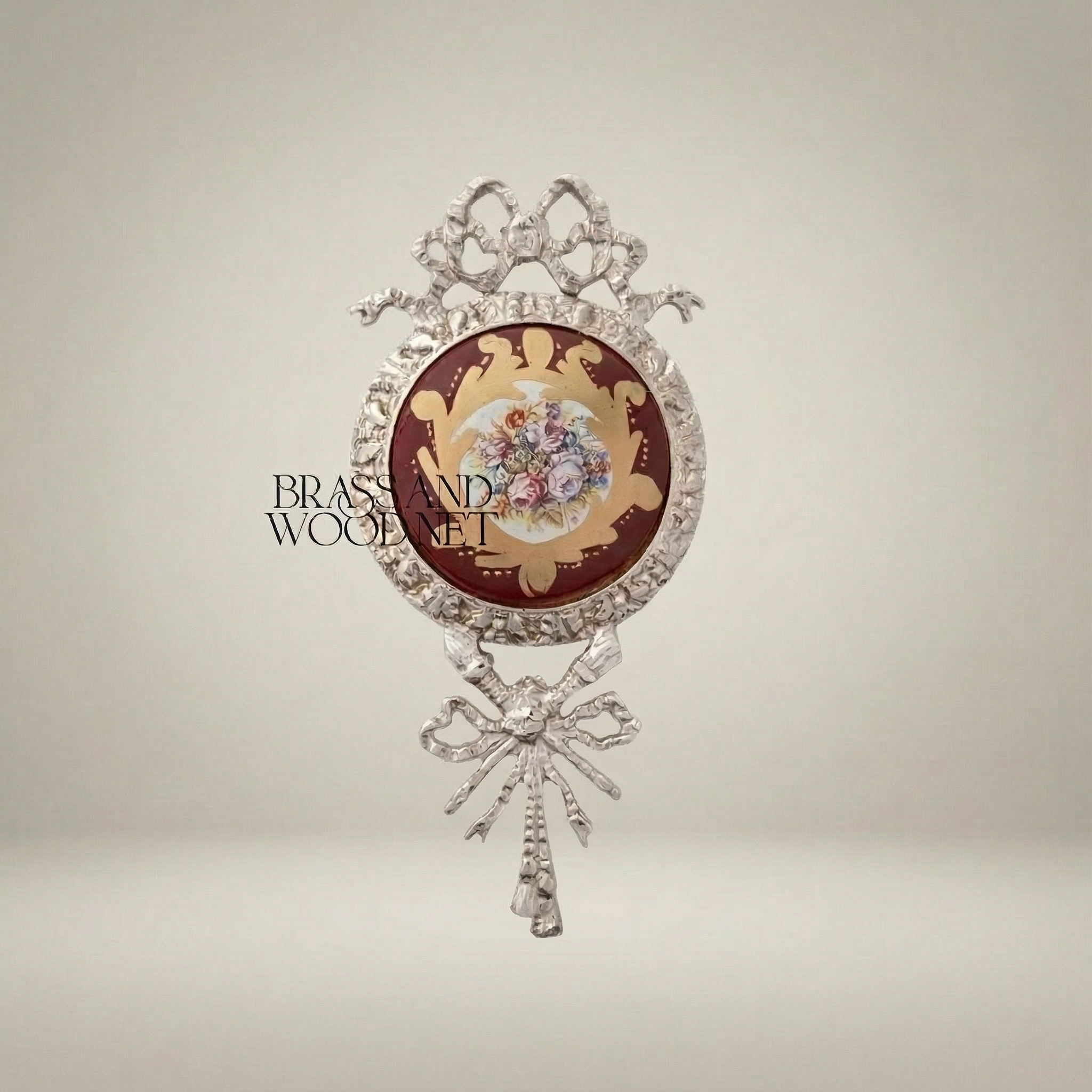 Louis XVI Brass Wall Medallion with Wine Ceramic Centre & Floral Bouquet — Silver