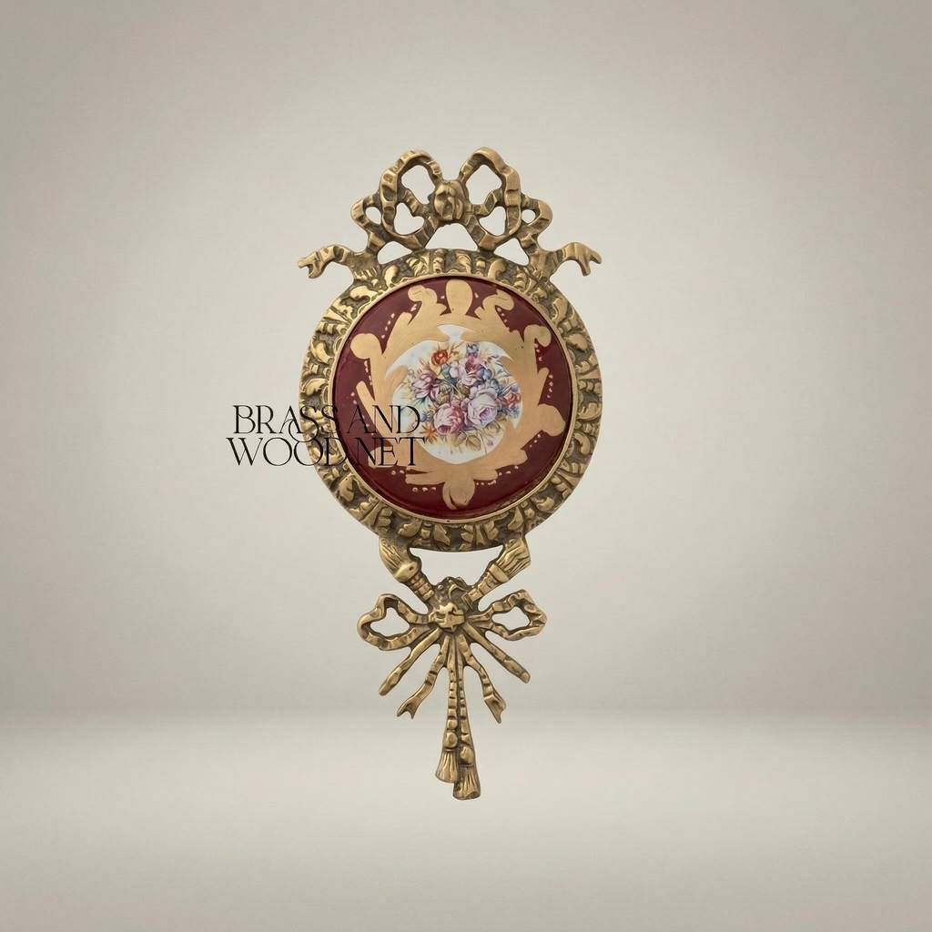 Louis XVI Brass Wall Medallion with Wine Ceramic Centre & Floral Bouquet — Antique Gold
