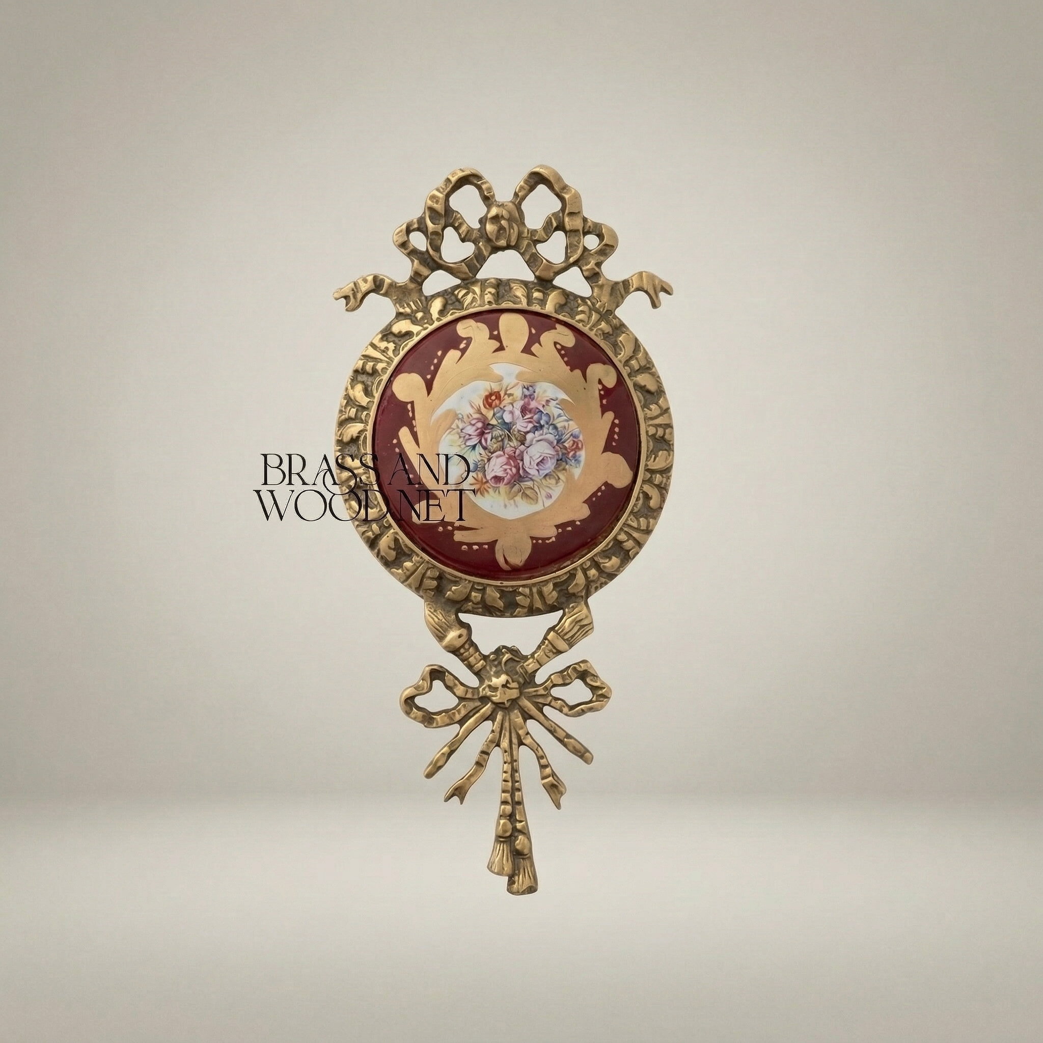Louis XVI Brass Wall Medallion with Wine Ceramic Centre & Floral Bouquet — Antique Gold