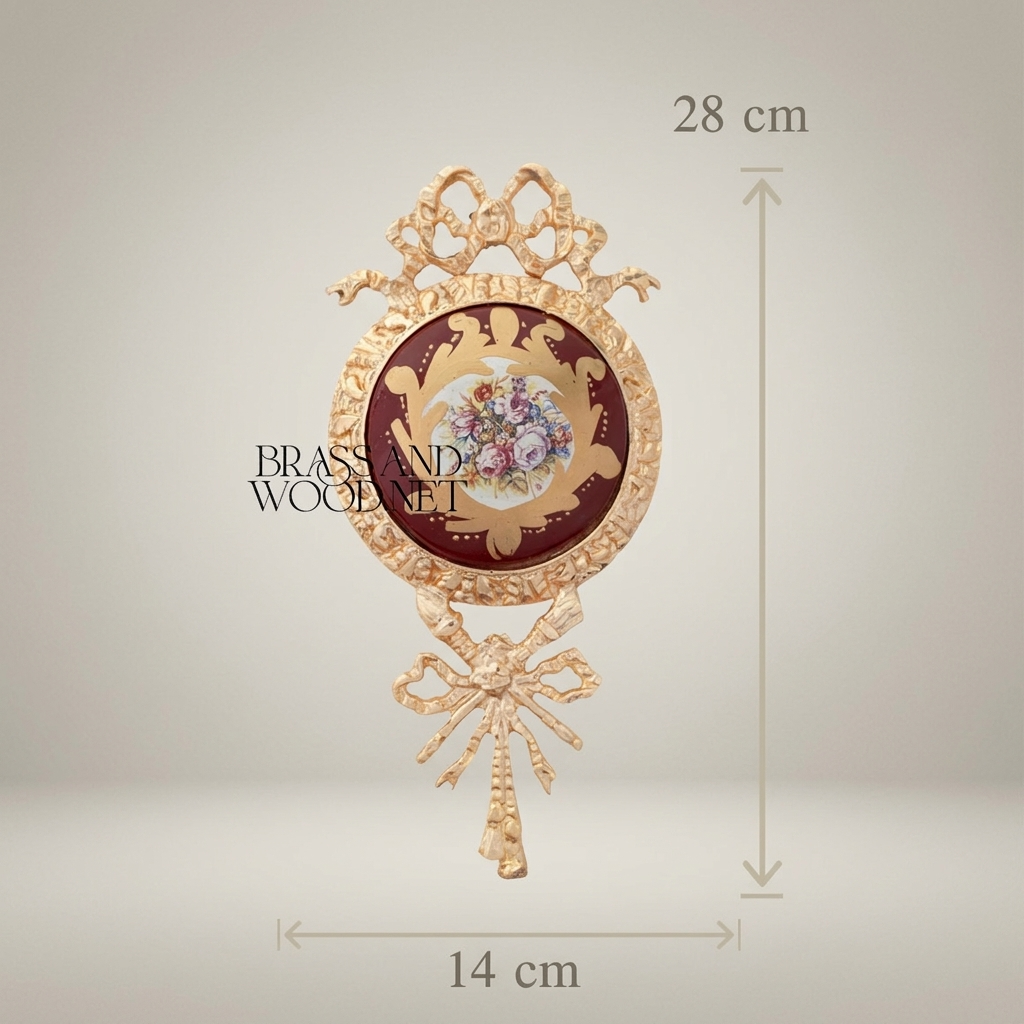 Louis XVI Brass Wall Medallion with Wine Ceramic Centre & Floral Bouquet
