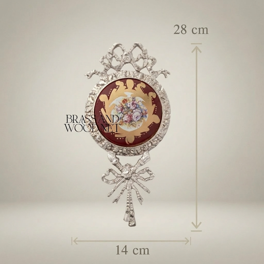 Louis XVI Brass Wall Medallion with Wine Ceramic Centre & Floral Bouquet — Silver