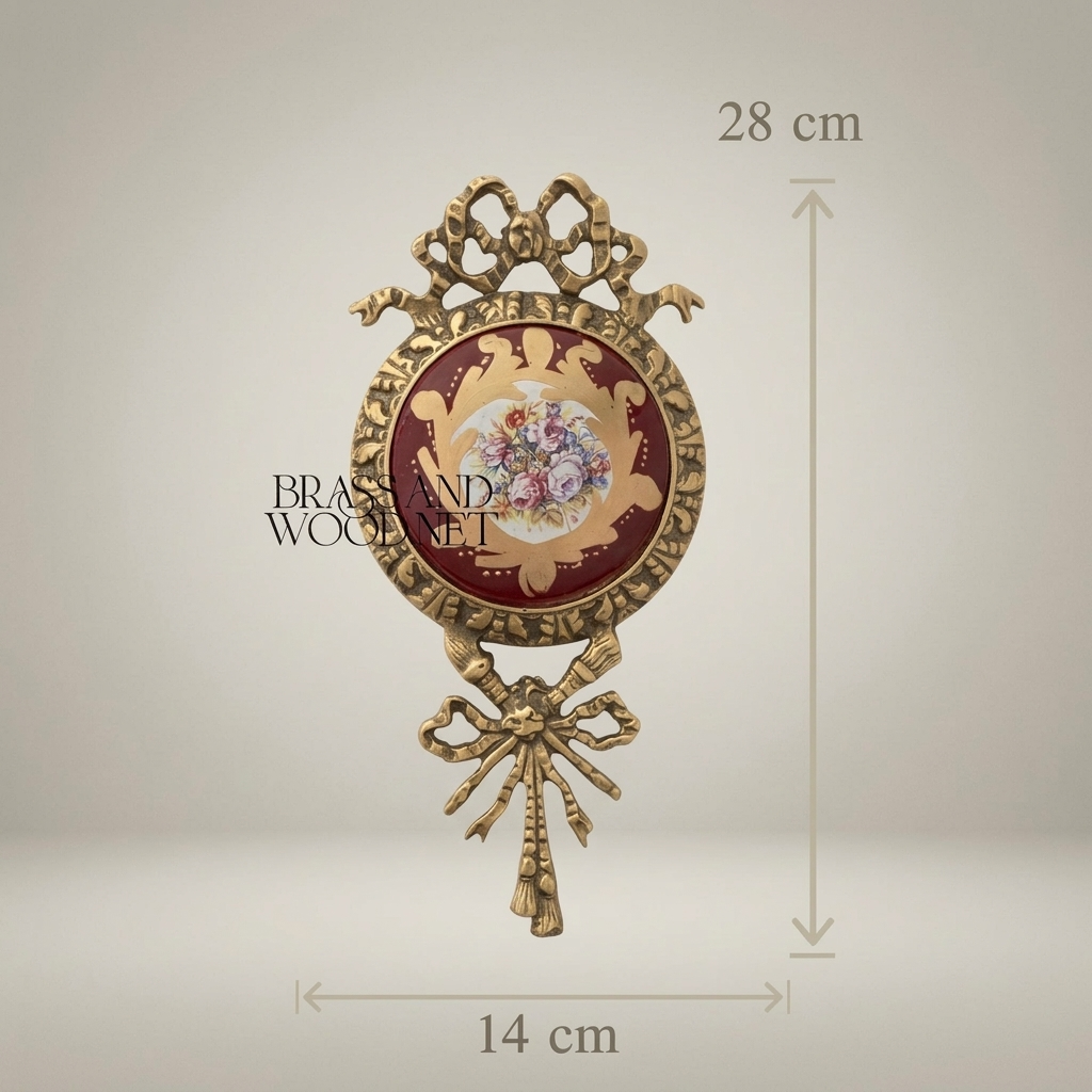 Louis XVI Brass Wall Medallion with Wine Ceramic Centre & Floral Bouquet — Antique Gold