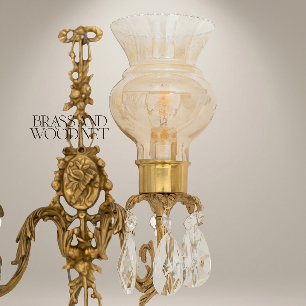 Louis XVI Brass Wall Sconce - Twin Arm Crystal Pendants & Fluted Glass Shades — Antique Gold