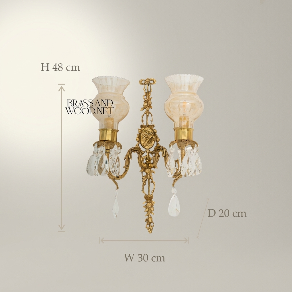 Louis XVI Brass Wall Sconce - Twin Arm Crystal Pendants & Fluted Glass Shades — Antique Gold