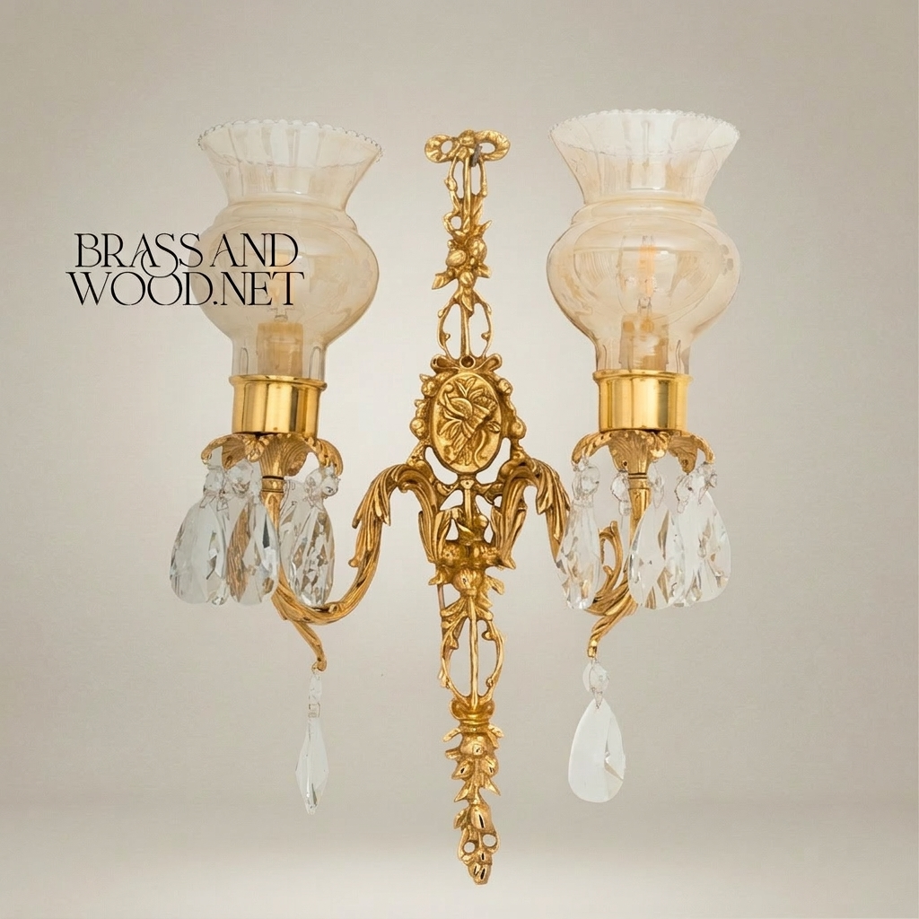 Louis XVI Brass Wall Sconce - Twin Arm Crystal Pendants & Fluted Glass Shades