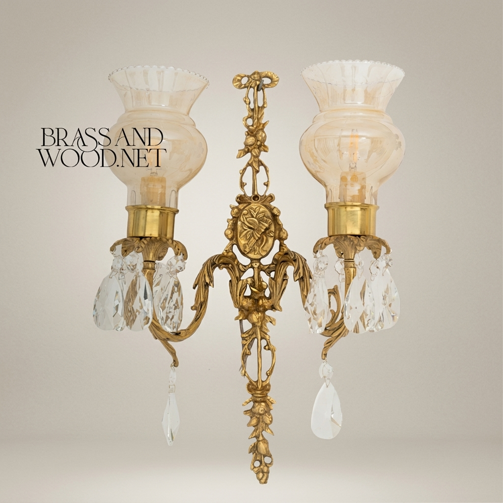 Louis XVI Brass Wall Sconce - Twin Arm Crystal Pendants & Fluted Glass Shades — Antique Gold
