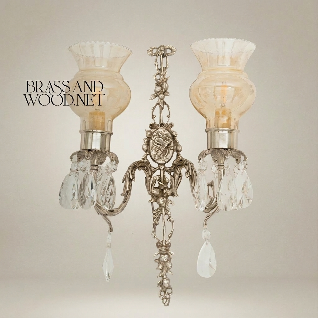 Louis XVI Brass Wall Sconce - Twin Arm Crystal Pendants & Fluted Glass Shades — Silver