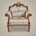 Hand-carved mahogany Louis XVI armchair with gilt acanthus scroll arms, floral jacquard upholstery, fluted tapered legs, tasselled bolster cushion and laurel-wreath crest Main View | Brass & Wood