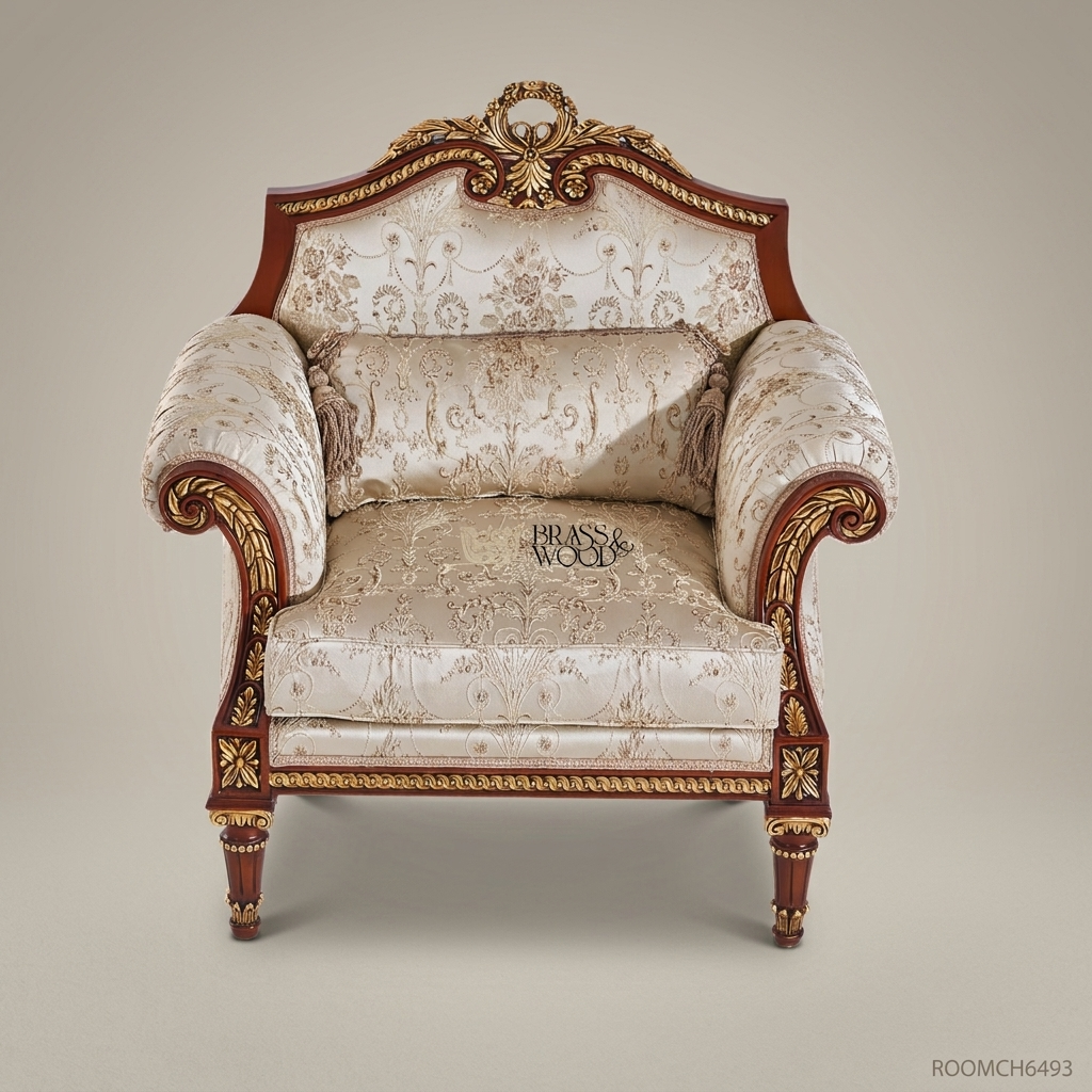 Hand-carved mahogany Louis XVI armchair with gilt acanthus scroll arms, floral jacquard upholstery, fluted tapered legs, tasselled bolster cushion and laurel-wreath crest View 2 | Brass & Wood