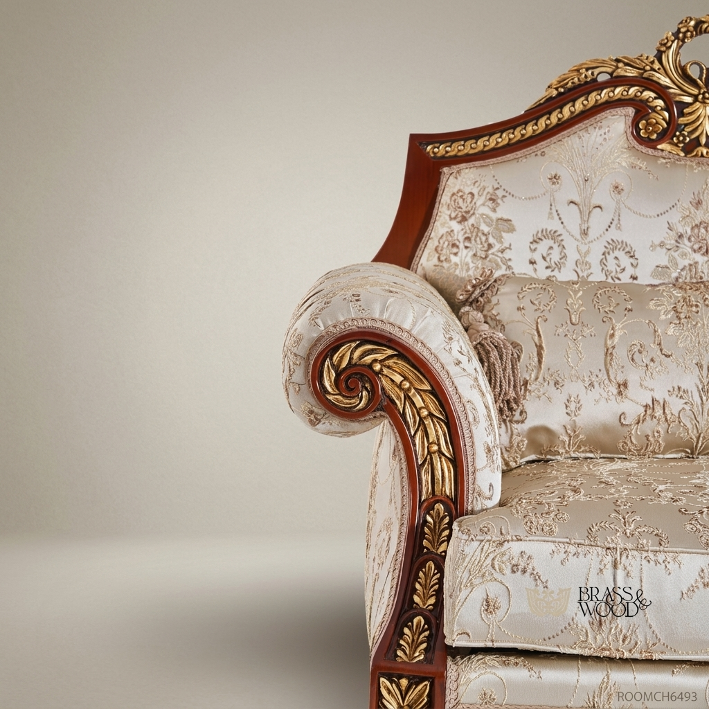 Hand-carved mahogany Louis XVI armchair with gilt acanthus scroll arms, floral jacquard upholstery, fluted tapered legs, tasselled bolster cushion and laurel-wreath crest View 3 | Brass & Wood