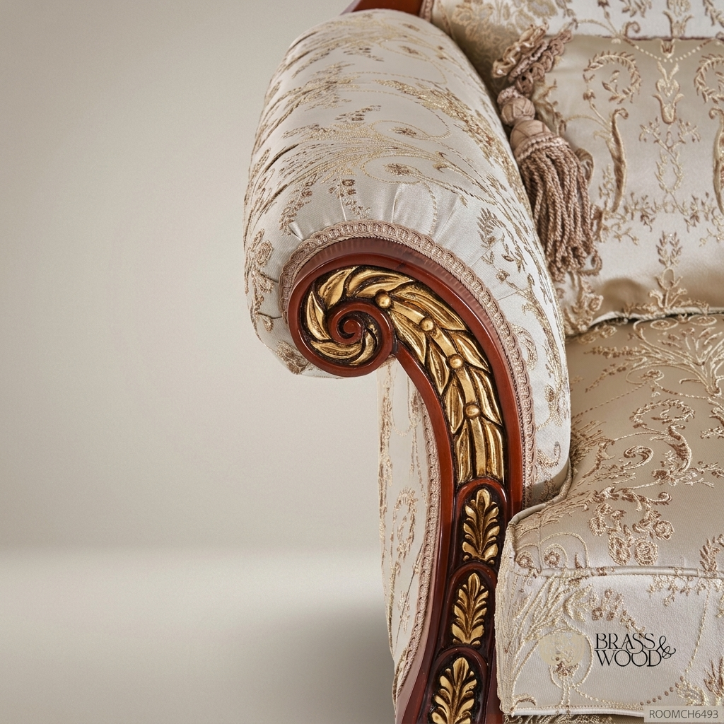 Hand-carved mahogany Louis XVI armchair with gilt acanthus scroll arms, floral jacquard upholstery, fluted tapered legs, tasselled bolster cushion and laurel-wreath crest View 4 | Brass & Wood