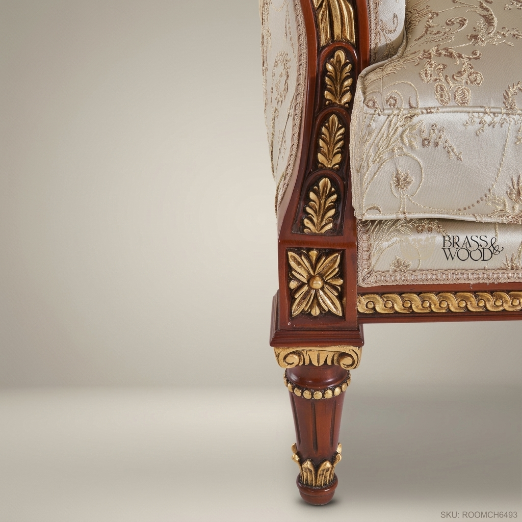 Hand-carved mahogany Louis XVI armchair with gilt acanthus scroll arms, floral jacquard upholstery, fluted tapered legs, tasselled bolster cushion and laurel-wreath crest View 5 | Brass & Wood