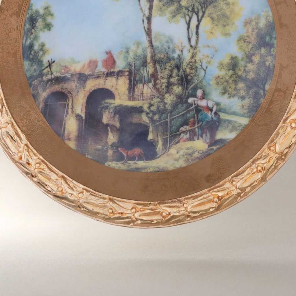 Louis XVI Circular Decorative Plate with Bow Crest & Pastoral Scene — Gold