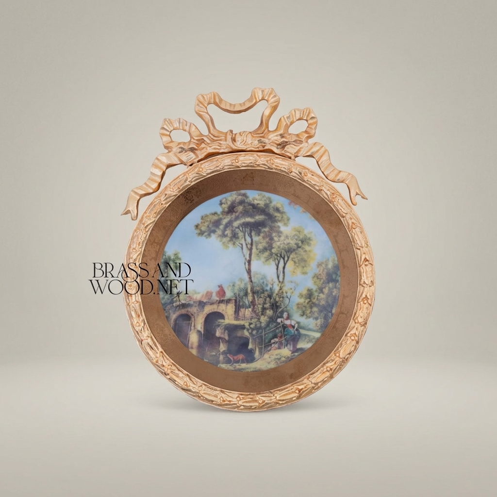 Louis XVI Circular Decorative Plate with Bow Crest & Pastoral Scene — Gold