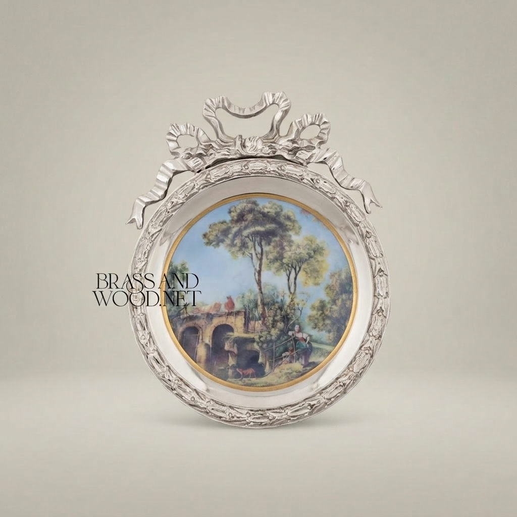 Louis XVI Circular Decorative Plate with Bow Crest & Pastoral Scene — Silver