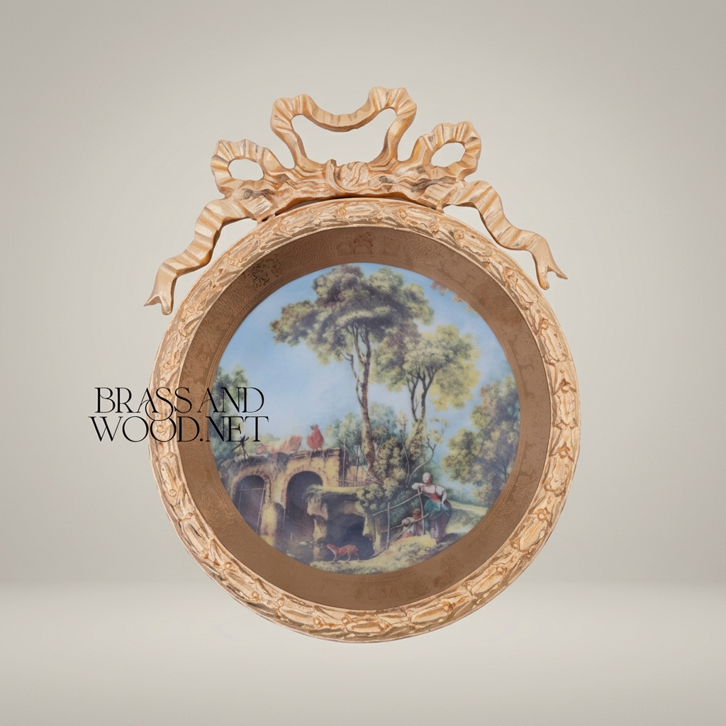 Louis XVI Circular Decorative Plate with Bow Crest & Pastoral Scene — Gold