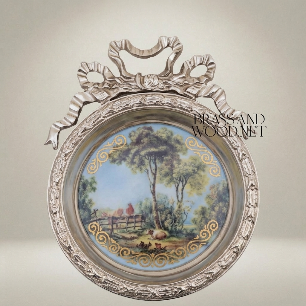 Louis XVI Circular Decorative Plate with Bow Crest & Pastoral Scene — Silver