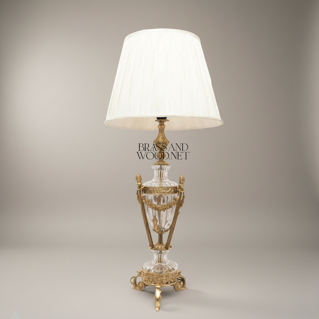 Louis XVI Crystal Urn Table Lamp with Brass Garland & Pinecone Finials — Antique Gold