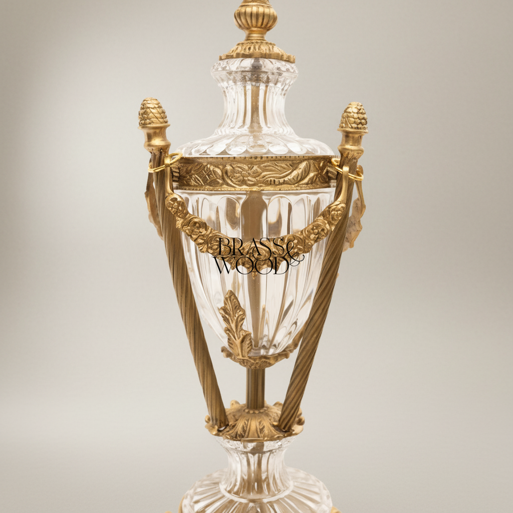 Louis XVI Crystal Urn Table Lamp with Brass Garland & Pinecone Finials — Silver