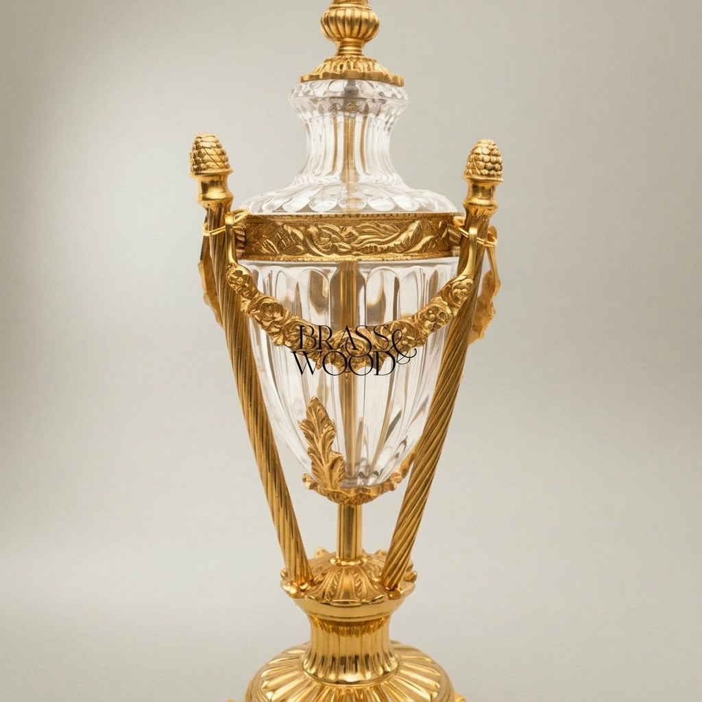 Louis XVI Crystal Urn Table Lamp with Brass Garland & Pinecone Finials