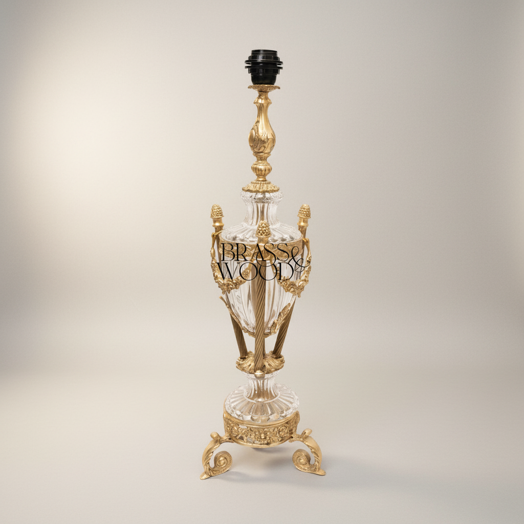 Louis XVI Crystal Urn Table Lamp with Brass Garland & Pinecone Finials — Silver