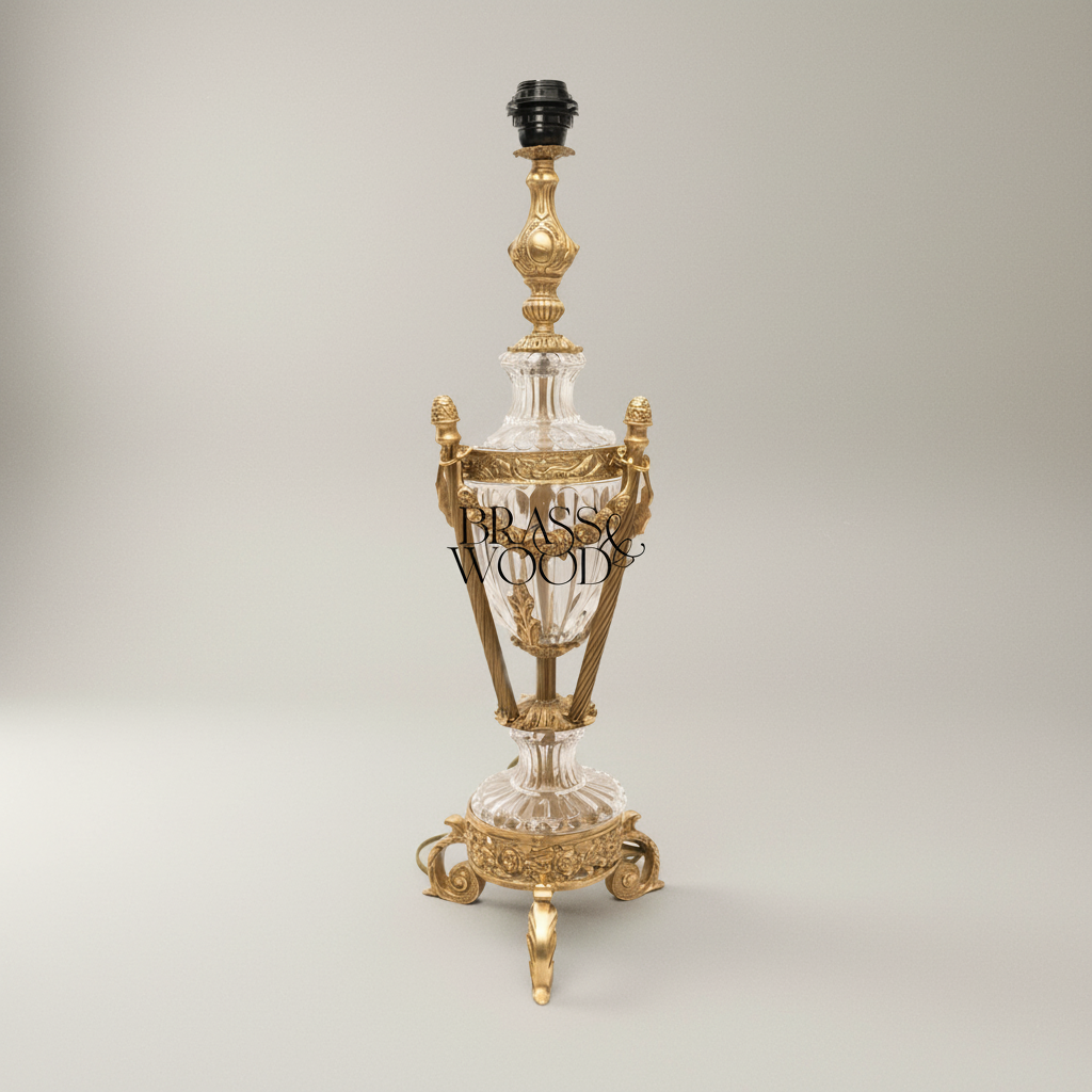 Louis XVI Crystal Urn Table Lamp with Brass Garland & Pinecone Finials — Antique Gold