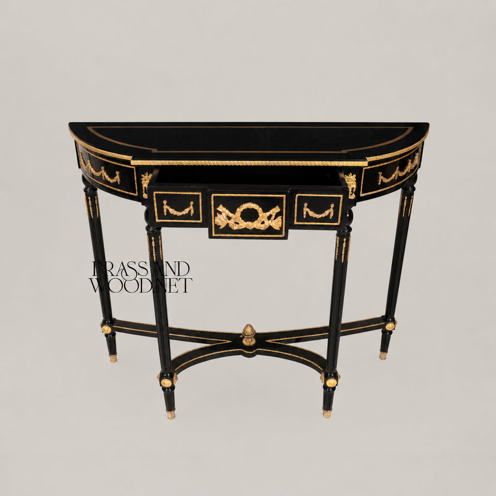 Louis XVI Ebonized Demi-Lune Console Table with Gilt Ormolu Mounts Acanthus Wreath Swag Motifs View 3 | Brass & Wood