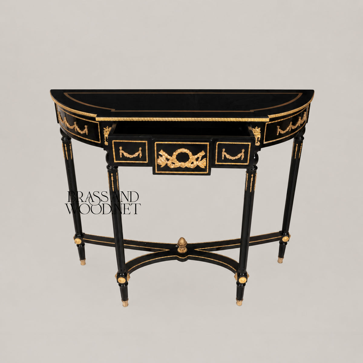 Louis XVI Ebonized Demi-Lune Console Table with Gilt Ormolu Mounts Acanthus Wreath Swag Motifs View 3 | Brass & Wood