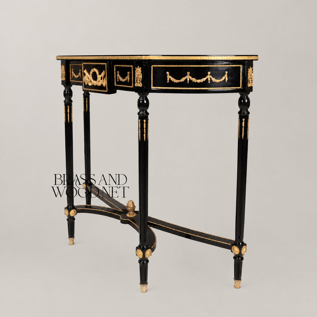 Louis XVI Ebonized Demi-Lune Console Table with Gilt Ormolu Mounts Acanthus Wreath Swag Motifs View 4 | Brass & Wood