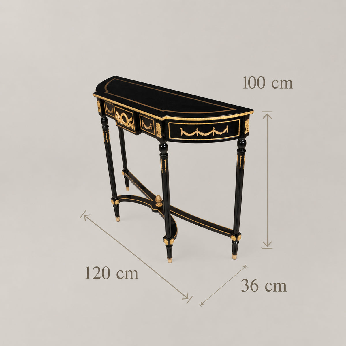 Louis XVI Ebonized Demi-Lune Console Table with Gilt Ormolu Mounts Acanthus Wreath Swag Motifs View 5 | Brass & Wood