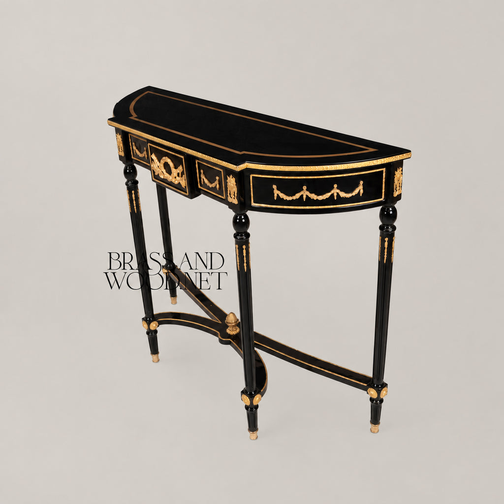 Louis XVI Ebonized Demi-Lune Console Table with Gilt Ormolu Mounts Acanthus Wreath Swag Motifs View 6 | Brass & Wood