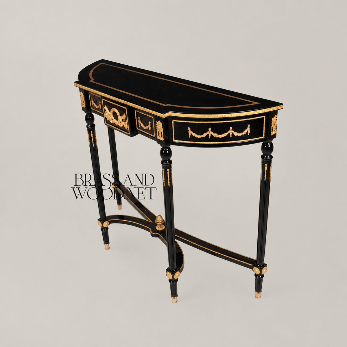 Louis XVI Ebonized Demi-Lune Console Table with Gilt Ormolu Mounts Acanthus Wreath Swag Motifs View 6 | Brass & Wood