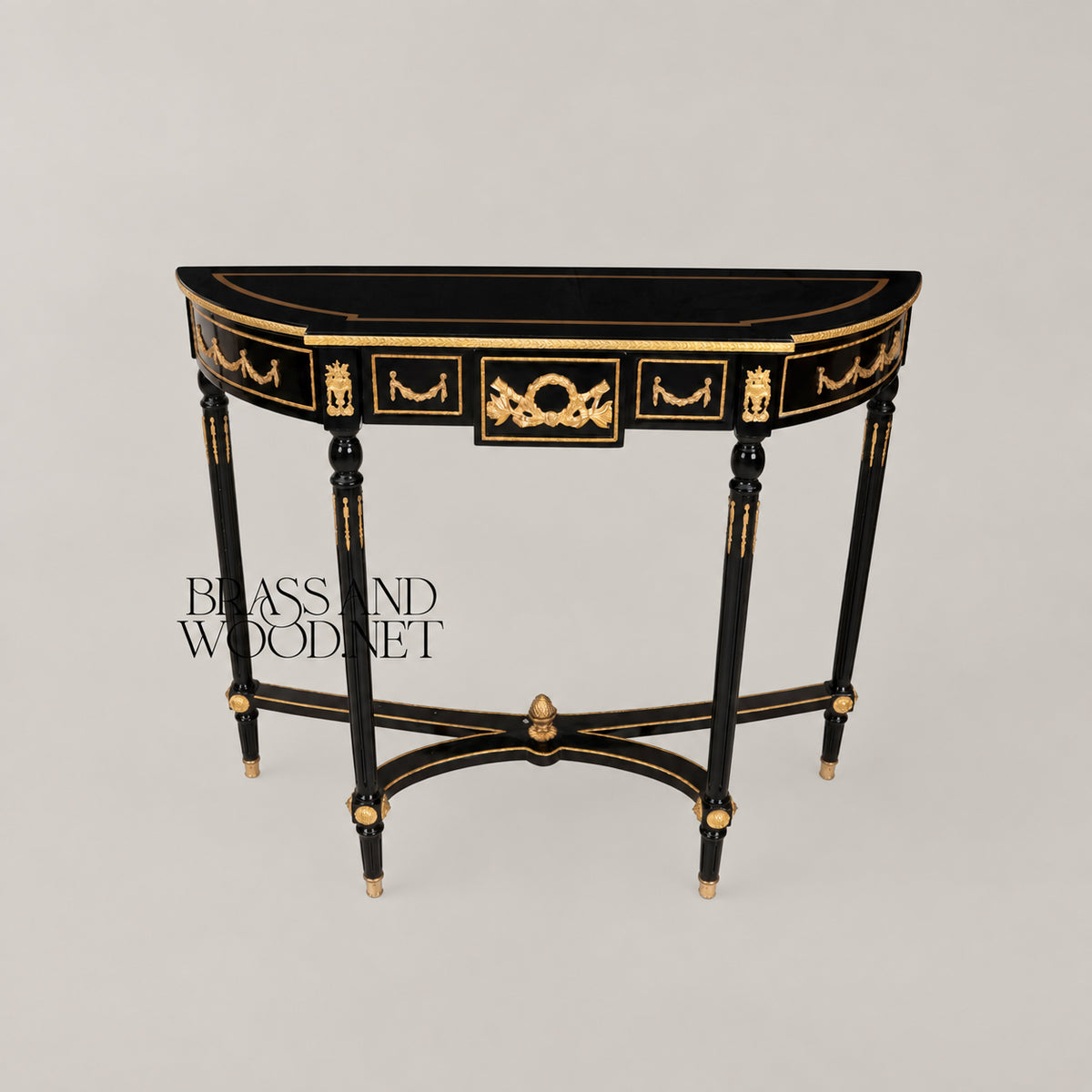 Louis XVI Ebonized Demi-Lune Console Table with Gilt Ormolu Mounts Acanthus Wreath Swag Motifs View 7 | Brass & Wood