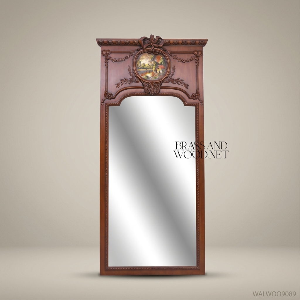 Louis XVI Full-Length Floor Mirror – Carved Walnut Frame with Painted Medallion