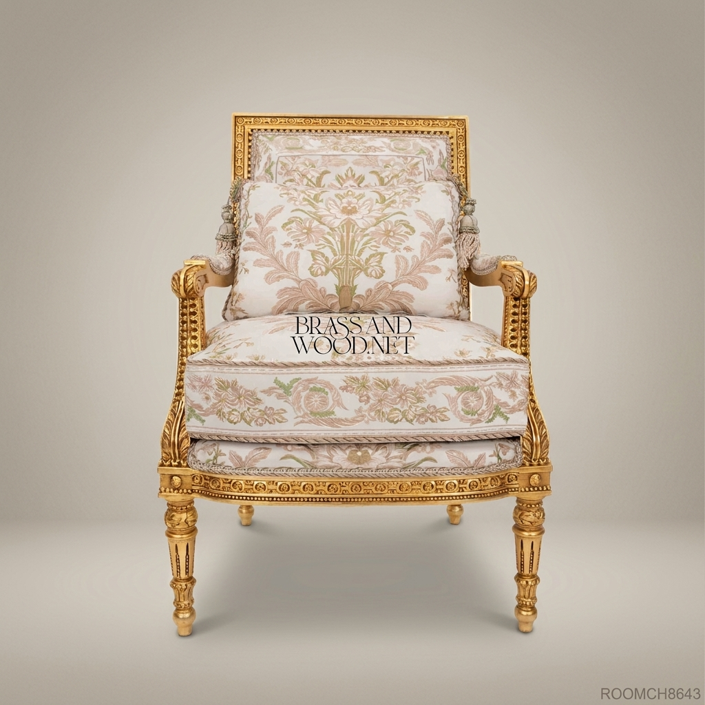 Louis XVI gilded fauteuil armchair hand-carved beaded frame cream floral jacquard upholstery tasselled lumbar cushion turned fluted legs Main View | Brass & Wood