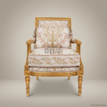 Louis XVI gilded fauteuil armchair hand-carved beaded frame cream floral jacquard upholstery tasselled lumbar cushion turned fluted legs Main View | Brass & Wood