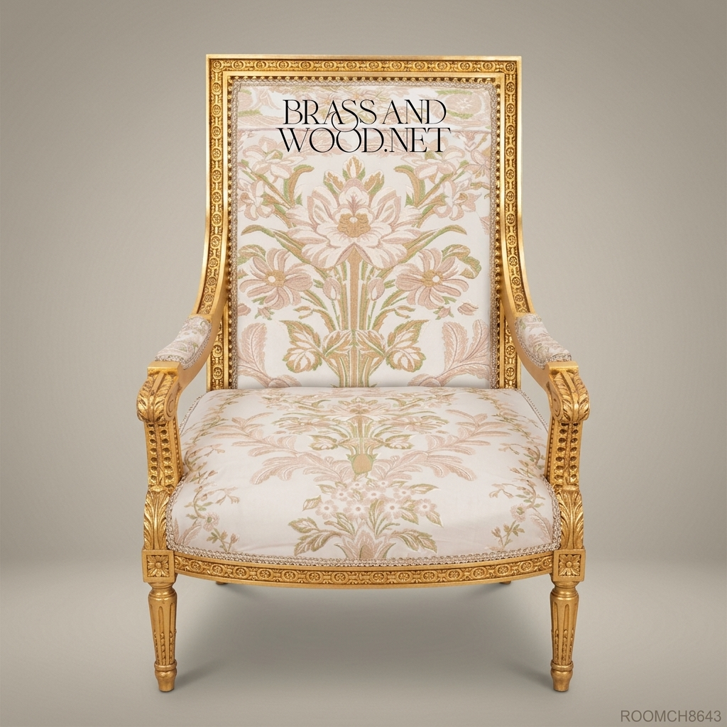 Louis XVI gilded fauteuil armchair hand-carved beaded frame cream floral jacquard upholstery tasselled lumbar cushion turned fluted legs View 2 | Brass & Wood