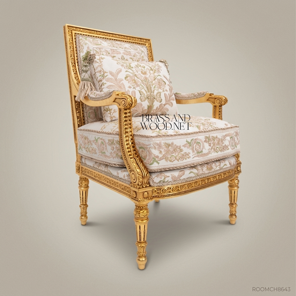 Louis XVI gilded fauteuil armchair hand-carved beaded frame cream floral jacquard upholstery tasselled lumbar cushion turned fluted legs View 3 | Brass & Wood