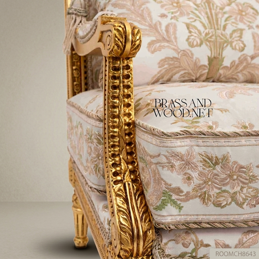 Louis XVI gilded fauteuil armchair hand-carved beaded frame cream floral jacquard upholstery tasselled lumbar cushion turned fluted legs View 4 | Brass & Wood
