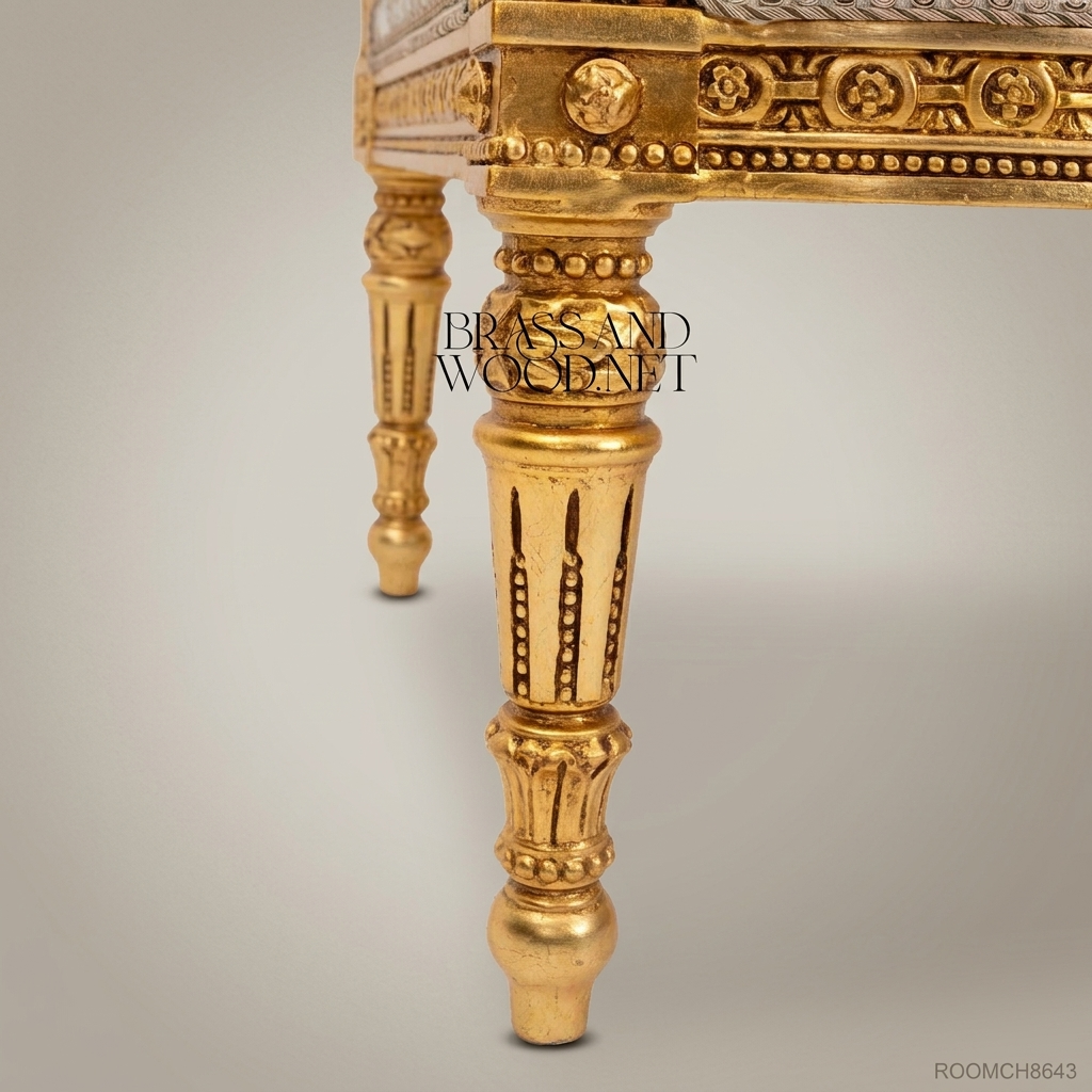 Louis XVI gilded fauteuil armchair hand-carved beaded frame cream floral jacquard upholstery tasselled lumbar cushion turned fluted legs View 5 | Brass & Wood