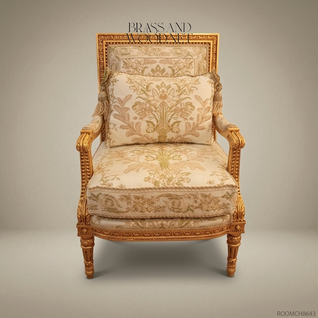 Louis XVI gilded fauteuil armchair hand-carved beaded frame cream floral jacquard upholstery tasselled lumbar cushion turned fluted legs View 6 | Brass & Wood